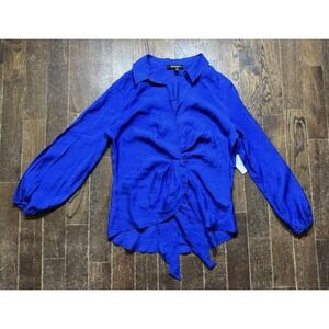 Ellen Tracy Tie Front Blouse Size Large Blue Long Sleeve Collared NWT